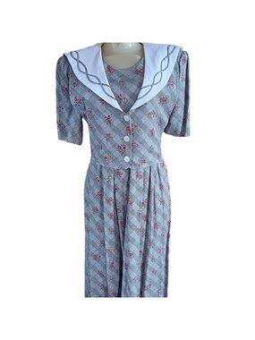 Sailor Collar True Vintage Dress 10/12 1980s Floral Plaid Pad JBS Secretary Mom